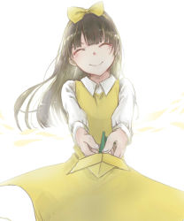 Rule 34 | 1girl, bow, devotion, dress, du meishin, closed eyes, facing viewer, fei (pixiv7035994), hair bow, highres, long hair, looking at viewer, simple background, smile, solo, standing, white background, yellow bow, yellow dress