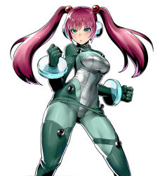 Rule 34 | 1girl, aqua eyes, artist request, blue eyes, bodysuit, clenched hands, closed mouth, daichan mona, dot nose, gluteal fold, green bodysuit, long hair, looking at viewer, metal slug, metal slug attack, nova (metal slug), official art, pink hair, red hair, simple background, solo, tight clothes, twintails, white background