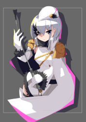 Rule 34 | 1girl, asymmetrical bangs, black scarf, black thighhighs, boots, buttons, cape, chain, closed mouth, collared cape, detached sleeves, dress, epaulettes, fur-trimmed dress, fur-trimmed sleeves, fur scarf, fur trim, garrison cap, green eyes, grey eyes, hat, high collar, holding, holding riding crop, izumi kanagi, long sleeves, magia record: mahou shoujo madoka magica gaiden, magical girl, mahou shoujo madoka magica, mikagami jun, monocle, one eye covered, opaque monocle, riding crop, scarf, serious, short dress, short hair, simple background, solo, thigh boots, thighhighs, thighhighs under boots, v-shaped eyebrows, white cape, white dress, white footwear, white hair, white hat