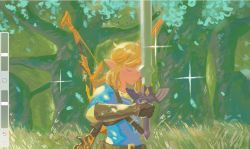 Rule 34 | blonde hair, blouse, blue shirt, forest, highres, link, long hair, master sword, nature, nintendo, pointy ears, shirt, solo, sword, the legend of zelda, the legend of zelda: breath of the wild, weapon