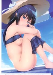 Rule 34 | 1girl, absurdres, armpits, artist name, asashio (kancolle), bare shoulders, barefoot, beach towel, beach umbrella, bikini, bikini skirt, bikini top lift, black hair, blue bikini, blue bow, blue eyes, blue sky, blush, bottomless, bow, bow bikini, breasts, breasts out, brown hat, closed mouth, clothes lift, clothes pull, content rating, copyright name, cover, cover page, day, from side, hair between eyes, hat, hat bow, highres, kantai collection, knee up, long hair, looking at viewer, looking to the side, nipples, outdoors, page number, pink bow, scan, shacho (ko no ha), sitting, skirt, skirt pull, sky, small breasts, smile, solo, sweat, swimsuit, towel, translation request, umbrella