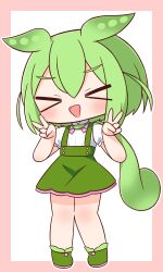 Rule 34 | &gt; &lt;, 1girl, :d, absurdres, blush, chibi, closed eyes, double v, facing viewer, full body, green footwear, green hair, green skirt, hair between eyes, hana kazari, hands up, highres, long hair, open mouth, outline, pigeon-toed, pink background, puffy short sleeves, puffy sleeves, shirt, shoes, short sleeves, skirt, smile, solo, standing, suspender skirt, suspenders, two-tone background, v, very long hair, voicevox, white background, white outline, white shirt, xd, zundamon