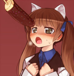 Rule 34 | 10s, 1girl, @ @, animal ears, bad id, bad pixiv id, blush, brave witches, breath, brown eyes, brown hair, cat ears, chocolate banana, clenched hands, food, georgette lemare, hair ribbon, high collar, long hair, long sleeves, looking up, lowres, null (nyanpyoun), open mouth, red background, ribbon, sexually suggestive, solo, strike witches, sweat, twintails, world witches series