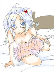 Rule 34 | 1girl, ahoge, arm support, bad id, bad pixiv id, bakenekomata, bed, bespectacled, blue eyes, chemise, downblouse, female focus, glasses, hair bobbles, hair ornament, mystic square, panties, panty pull, shinki (touhou), side ponytail, silver hair, sketch, solo, strap slip, touhou, touhou (pc-98), underwear