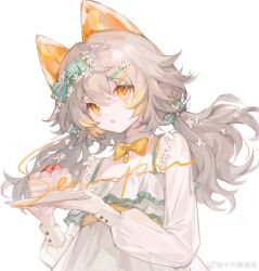 Rule 34 | 1girl, animal ears, bow, bowtie, brown hair, bu jie cha, cake, cake slice, chinese commentary, collared shirt, commentary request, dress, eyelashes, flower, food, fox ears, fruit, green bow, hair bow, hair flower, hair ornament, hairclip, highres, holding, holding plate, long hair, long sleeves, looking at viewer, loose hair strand, low twintails, marking on cheek, multiple hair bows, open mouth, orange bow, orange bowtie, orange eyes, original, plate, puffy long sleeves, puffy sleeves, sample watermark, shirt, short twintails, simple background, sleeveless, sleeveless dress, solo, spaghetti strap, strawberry, strawberry shortcake, striped, striped bow, twintails, upper body, watermark, weibo logo, weibo watermark, whipped cream, white background, white dress, white flower, white shirt, white sleeves