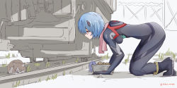 Rule 34 | 1girl, all fours, ayanami rei, black bodysuit, blue hair, bodysuit, boots, breasts, cat, closed mouth, commentary request, from side, full body, grass, highres, interface headset, looking at animal, medium breasts, neon genesis evangelion, plugsuit, profile, railroad tracks, rasen manga, rebuild of evangelion, red eyes, rock, rubber boots, shadow, short hair, solo, train, twitter username