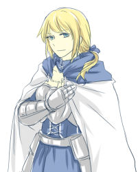 Rule 34 | 1girl, armor, arthur pendragon (fate), biaji, blonde hair, blue eyes, cape, fate/prototype, fate/stay night, fate (series), faulds, gauntlets, gender request, genderswap, hand on own chest, ponytail, recursive genderswap, short ponytail, solo