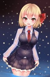 Rule 34 | 1girl, aged up, blonde hair, blush, breasts, doyouwantto, dress shirt, fang, hair ribbon, lace, lace-trimmed skirt, lace trim, large breasts, long sleeves, looking at viewer, miniskirt, necktie, open mouth, pleated skirt, red eyes, ribbon, rumia, see-through, see-through silhouette, shirt, short hair, skirt, smile, solo, thighs, touhou, vest, water, wet