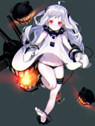 Rule 34 | 10s, 1girl, abyssal ship, ahoge, black panties, cannon, chromatic aberration, clothes lift, dress, dress lift, highres, horns, kantai collection, long hair, looking at viewer, mittens, navel, northern ocean princess, panties, red eyes, side-tie panties, simple background, sleeveless, sleeveless dress, solo, standing, standing on one leg, thigh strap, tian (my dear), underwear, white dress, white hair, wind, wind lift
