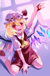 Rule 34 | 1girl, \||/, absurdres, arm up, ascot, beekan, blonde hair, blood, blood on face, blood on hands, collared shirt, commentary request, crystal, fangs, flandre scarlet, full body, hair between eyes, hand on floor, hat, hat ribbon, highres, looking at viewer, medium hair, mob cap, open mouth, puffy short sleeves, puffy sleeves, red eyes, red footwear, red ribbon, red skirt, red vest, ribbon, shirt, shoes, short sleeves, sitting, skirt, smile, socks, solo, touhou, vest, wariza, white shirt, white socks, wings, yellow ascot