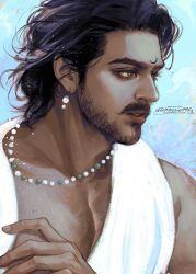 Rule 34 | 1boy, bara, bead necklace, beads, beard, beard stubble, character request, dark-skinned male, dark skin, earrings, facial hair, facial mark, highres, indian, jewelry, light particles, lips, looking ahead, male focus, mature male, medium hair, muscular, muscular male, mustache, necklace, open clothes, open shirt, pectoral cleavage, pectorals, rrr (movie), solo, sparkle, sparse chest hair, stubble, thick eyebrows, upper body, wavy hair, wind, wosara