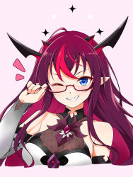 Rule 34 | 1girl, adjusting eyewear, ahoge, bespectacled, blue eyes, blush, breasts, commentary, cropped torso, demon horns, detached sleeves, dress, english commentary, felutiahime, glasses, glitter, grin, halo, highres, hololive, hololive english, horns, irys (hololive), long hair, looking at viewer, medium breasts, multicolored hair, nail polish, notice lines, one eye closed, parted lips, pink hair, pointy ears, purple hair, purple nails, red-framed eyewear, semi-rimless eyewear, simple background, smile, solo, streaked hair, upper body, virtual youtuber, white dress