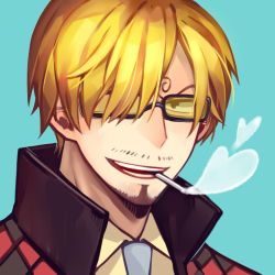 Rule 34 | 1boy, blonde hair, blue background, facial hair, glasses, goatee, hair over one eye, heart, lowres, male focus, necktie, one piece, sanji (one piece), sanme, simple background, smoking, solo