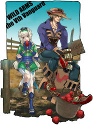 Rule 34 | 1boy, 1girl, apple, avril vent fleur, bad id, bad pixiv id, basket, blue footwear, boots, coco-nattou, coco (nattou), copyright name, eating, fence, food, fruit, greg russellberg, hat, knee boots, outdoors, sitting, cowboy western, wild arms, wild arms 5