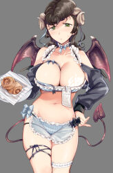 Rule 34 | 1girl, absurdres, apron, between breasts, bikini, blue apron, blue bikini, blue shrug, blush, breasts, brown hair, cleavage cutout, closed mouth, clothing cutout, commentary, cowboy shot, demon girl, demon horns, demon tail, demon wings, dessert, food, frown, girls und panzer, green eyes, grey background, half-closed eyes, hand on own hip, highres, holding, holding plate, horns, koyama harutarou, large breasts, long hair, long sleeves, looking at viewer, navel, plate, pompadour, simple background, solo, standing, sweatdrop, swimsuit, tail, thigh strap, waist apron, wings, yuri (girls und panzer)