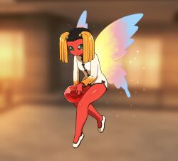 Rule 34 | 1girl, black hair, blonde hair, blue wings, blurry, blurry background, chinese clothes, closed mouth, colored skin, commentary request, depth of field, dress, full body, gem, gradient wings, green eyes, holding, horns, hua po (megami tensei), long sleeves, multicolored wings, pink wings, red gemstone, red skin, shin megami tensei, shirosato, shoes, smile, solo, twintails, white dress, white footwear, wings, yellow wings