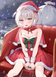 Rule 34 | 1girl, bell, blonde hair, blush, bow, bu leike, capelet, christmas, dress, fur-trimmed capelet, fur-trimmed dress, fur-trimmed headwear, fur trim, green bow, grey eyes, hair bow, hat, highres, holding, holding reins, hololive, hololive dev is, kneehighs, multicolored hair, neck bell, pom pom (clothes), purple hair, red bow, red capelet, red dress, red hat, red socks, reins, sack, santa hat, sitting, sleigh, snowing, socks, solo, strapless, strapless dress, streaked hair, striped, striped bow, todoroki hajime, tongue, virtual youtuber, white wrist cuffs, wrist cuffs