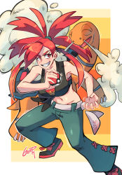 Rule 34 | 1girl, bare arms, blush, border, clenched teeth, commentary, creatures (company), eyelashes, flannery (pokemon), game freak, gen 3 pokemon, gerph, green pants, gym leader, hair tie, holding, holding poke ball, legs apart, long hair, looking to the side, navel, nintendo, outside border, pants, poke ball, poke ball (basic), pokemon, pokemon (creature), pokemon oras, ponytail, red eyes, red hair, shiny skin, shoes, signature, smile, smoke, standing, teeth, torkoal, white border