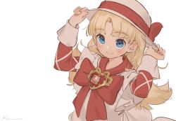 Rule 34 | 1girl, ashita no nadja, bad id, bad twitter id, blonde hair, blue eyes, blush, bow, brooch, dress, hat, hat bow, heart, heart brooch, jewelry, long hair, long sleeves, looking at viewer, nadja applefield, porkpie hat, ryota (ry o ta), signature, simple background, smile, solo, upper body, white background
