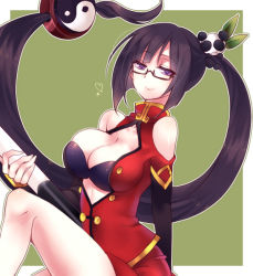 Rule 34 | 1girl, aki (prdx85), arc system works, bad id, bad pixiv id, black hair, blazblue, blazblue: calamity trigger, breasts, chinese clothes, cleavage, glasses, lao jiu, large breasts, litchi faye ling, long hair, purple eyes, very long hair