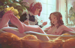 Rule 34 | 2girls, bathing, bigrbear, breasts, brown hair, cake, cake slice, chinese commentary, cleft of venus, commentary request, completely nude, food, green eyes, highres, indoors, long hair, maid, maid headdress, multiple girls, nipples, nude, open mouth, original, partially submerged, pointy ears, pussy, red eyes, red hair, short hair, slime (creature), small breasts, uncensored