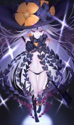 Rule 34 | 1girl, abigail williams (fate), abigail williams (third ascension) (fate), absurdres, bare shoulders, black bow, black hat, black panties, blush, bow, colored skin, fate/grand order, fate (series), forehead, grin, hair bow, hat, highres, key, keyhole, kubomi 943, long hair, looking at viewer, multiple bows, navel, orange bow, panties, parted bangs, red eyes, sharp teeth, smile, solo, sparkle, staff, teeth, third eye, underwear, white hair, white skin, witch hat
