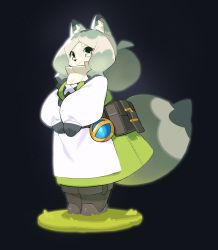 Rule 34 | 1girl, animal ear fluff, animal ears, animal nose, apron, black background, blue gemstone, body fur, boots, breasts, brown footwear, closed mouth, dress, female focus, fox ears, fox girl, fox tail, full body, furry, furry female, gem, grass, green dress, grey eyes, grey hair, happy, highres, large tail, legs together, long hair, long sleeves, looking at viewer, multicolored hair, neck fur, oraingen, original, own hands together, parted bangs, pouch, puffy long sleeves, puffy sleeves, raglan sleeves, sidelocks, simple background, small breasts, smile, solo, standing, tail, v arms, waist apron, white apron, white fur, white hair, white sleeves