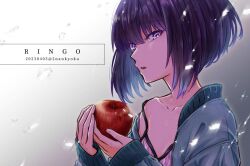 Rule 34 | 1girl, apple, artist name, black hair, bob cut, bomber jacket, breasts, bright pupils, character name, close-up, collarbone, commentary, dated, dress, eyelashes, food, from side, fruit, gradient background, green jacket, grey background, hair between eyes, holding, holding food, holding fruit, jacket, kisaragi nankyoku, light particles, long sleeves, looking at viewer, looking to the side, off shoulder, official art, open clothes, open jacket, own hands together, parted lips, pink dress, portrait, purple eyes, ringed eyes, romaji text, short hair, small breasts, solo, spaghetti strap, sundress, toaru kagaku no dark matter, toaru majutsu no index, twitter username, upper body, v-neck, white pupils, yuzuriha ringo