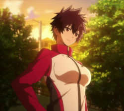 Rule 34 | 10s, 1girl, aragaki nagisa, breasts, brown hair, hands on own hips, hanebado!, house, large breasts, mole, mole under mouth, red eyes, short hair, smile, spiked hair, tomboy, vest