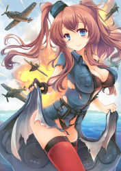 Rule 34 | 1girl, aircraft, airplane, bad id, bad pixiv id, black bra, black dress, black gloves, black panties, blue eyes, bra, breast pocket, breasts, brown hair, cleavage, cowboy shot, dress, explosion, fingerless gloves, gloves, goushou, kantai collection, large breasts, long hair, looking at viewer, magazine (weapon), open clothes, open dress, panties, pocket, ponytail, red thighhighs, saratoga (kancolle), saratoga mk ii (kancolle), side ponytail, solo, thighhighs, torn clothes, underwear