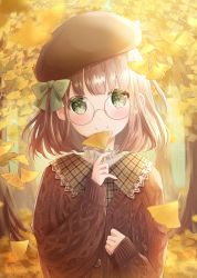 Rule 34 | 1girl, arms up, autumn, autumn leaves, beret, blurry, blurry background, brown cardigan, brown hat, cardigan, commentary, day, forest, ginkgo leaf, glasses, hair ribbon, hand on own chest, hat, head tilt, highres, holding, holding leaf, hoshiibara mato, leaf, light blush, light particles, looking at viewer, nature, original, outdoors, plaid, plaid shirt, ribbon, round eyewear, shirt, short hair, sleeves past wrists, smile, solo, standing, upper body
