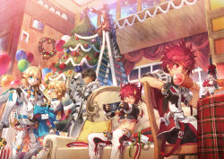 Rule 34 | 6+boys, armor, balloon, bandages, bell, black hair, blade master (elsword), blonde hair, blue eyes, blush, boned meat, bottle, candy, candy cane, carrying, character doll, christmas, christmas tree, chung seiker, coat, couch, deadly chaser (elsword), dual persona, eating, elsword, elsword (character), fingerless gloves, food, gift, gloves, happy, highres, iron paladin (elsword), ladder, long hair, lord knight (elsword), male focus, meat, messy hair, midriff, multiple boys, pants, pillow, princess carry, raven cronwell, reckless fist (elsword), red eyes, red hair, rune slayer (elsword), scorpion5050, single glove, smile, spikes, surprised, wine bottle, wreath, yellow eyes