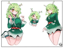 Rule 34 | 1girl, :3, antlers, asymmetrical bangs, bike shorts, blush, braid, braided bangs, breasts, ceres fauna, chibi, commentary, english commentary, gawr gura, gawr gura (1st costume), green hair, green hoodie, hair over one eye, highres, hololive, hololive english, hood, hoodie, horns, impossible clothes, jumping, large breasts, long hair, long sleeves, mole, mole under eye, multiple views, no pants, one eye closed, one side up, psypolo d, shoes, sleeves past wrists, sneakers, tight clothes, virtual youtuber, white footwear, wide sleeves, yellow eyes