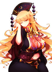 Rule 34 | 1girl, black dress, black headwear, blonde hair, breasts, dress, earrings, eyelashes, fingernails, floral print, highres, jewelry, junko (touhou), large breasts, long fingernails, long hair, long sleeves, looking at viewer, one eye closed, parted lips, pointy ears, raptor7, red eyes, simple background, solo, tabard, tassel, touhou, wavy hair, white background, wide sleeves
