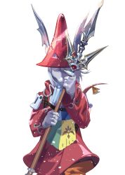 Rule 34 | 1girl, animal ears, burmecian, coat, cofffee, dragoon, closed eyes, final fantasy, final fantasy ix, freija crescent, furry, furry female, hair over one eye, hat, highres, holding, holding weapon, mouse ears, mouse tail, polearm, red coat, red hat, short hair, solo, spear, square enix, tail, weapon, white background, white hair