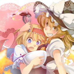 Rule 34 | 2girls, :o, alice margatroid, baking, blonde hair, blue eyes, bow, bowl, chocolate, doily, female focus, grin, hat, hat bow, heart, highres, k2pudding, kirisame marisa, lace background, multiple girls, pink background, short sleeves, smile, star (symbol), touhou, witch hat, yellow eyes