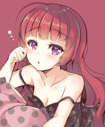 Rule 34 | 1girl, ahoge, bare shoulders, blush, breasts, chestnut mouth, cleavage, commentary request, copyright request, hand up, highres, looking at viewer, medium breasts, nightgown, parted lips, pillow, polka dot, purple eyes, red background, red hair, solo, suzunone rena