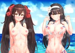 Rule 34 | 2girls, :p, alternate costume, arms behind back, beach, bikini, bikini tug, black hair, blue sky, blush, breast lift, breasts, brown eyes, brown hair, bukkake, cleavage, closed mouth, cloud, collarbone, cum, cum on body, cum on breasts, cum on upper body, dated, day, facial, flower, girls&#039; frontline, gmkj, groin, hair between eyes, hair flower, hair ornament, hair ribbon, hairband, heart, heart-shaped pupils, highres, large breasts, long hair, looking at viewer, multiple girls, navel, nipple slip, nipples, nude, ocean, open mouth, outdoors, red ribbon, ribbon, sidelocks, signature, skindentation, sky, smile, stomach, swimsuit, symbol-shaped pupils, tongue, tongue out, twintails, type 95 (girls&#039; frontline), type 97 (girls&#039; frontline), very long hair, white bikini, white hairband, yellow eyes