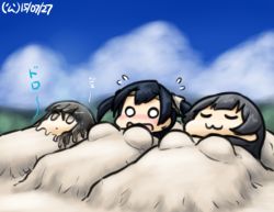 Rule 34 | 10s, 3girls, :3, agano (kancolle), beach, blue sky, cloud, dated, day, embarrassed, gradient background, hamu koutarou, hatsuyuki (kancolle), kantai collection, melting, multiple girls, outdoors, remodel (kantai collection), sand sculpture, sky, souryuu (kancolle), teruyof