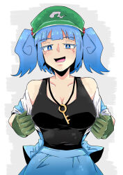 Rule 34 | 1girl, :d, black tank top, blue eyes, blue skirt, breasts, bright pupils, cleavage, commentary, flat cap, gloves, green gloves, green hat, grey background, hat, highres, kawashiro nitori, key, large breasts, looking at viewer, open mouth, sakamoto fred, skirt, smile, solo, tank top, touhou, upper body, white pupils