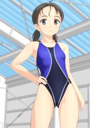 Rule 34 | 1girl, absurdres, black eyes, black hair, black one-piece swimsuit, blurry, commentary request, competition swimsuit, cowboy shot, depth of field, flat chest, forehead, from below, gluteal fold, hand on own hip, highres, indoors, low twintails, multicolored clothes, multicolored swimsuit, one-piece swimsuit, original, rooftop, short hair, solo, swimsuit, takafumi, twintails