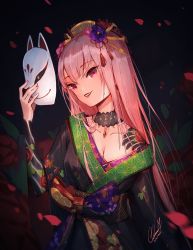 Rule 34 | 1girl, alternate costume, arm tattoo, black kimono, breasts, camellia, choker, clarenceman0605, cleavage, dated, floral print, flower, flower tattoo, fox mask, gem, grin, hair flower, hair ornament, hand up, highres, holding, holding mask, hololive, hololive english, japanese clothes, kanzashi, kimono, lace, lace choker, large breasts, lips, lipstick, long hair, looking at viewer, makeup, mask, mori calliope, off shoulder, off with their heads, oiran, pink hair, red eyes, shoulder tattoo, signature, smile, smirk, solo, tassel, tattoo, very long hair, virtual youtuber, whorled clouds