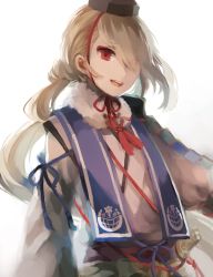 Rule 34 | 10s, 1boy, chin strap, hair over one eye, hat, ima-no-tsurugi, japanese clothes, lemontea, long hair, male focus, open mouth, personification, red eyes, silver hair, smile, solo, tokin hat, touken ranbu, upper body