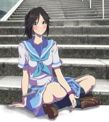 Rule 34 | 1girl, absurdres, arm support, black hair, black socks, blue eyes, blue neckerchief, blue sailor collar, blue skirt, blush, brown footwear, chiezou, closed mouth, crossed legs, flute, hibike! euphonium, highres, instrument, kasaki nozomi, kitauji high school uniform, liz to aoi tori, loafers, long hair, looking at viewer, neckerchief, outdoors, pleated skirt, ponytail, sailor collar, school uniform, serafuku, shirt, shoes, short sleeves, sitting, skirt, smile, socks, solo, stairs, watch, white shirt