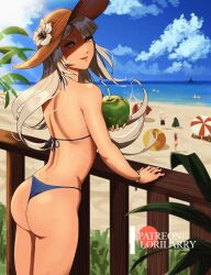 Rule 34 | 1girl, ass, beach, beach umbrella, bikini, blue bikini, blue sky, blurry, blurry background, bracelet, cloud, commentary, drinking straw, emil (nier), english commentary, fence, flower, food, fruit, grey hair, hat, hat flower, holding, holding food, horizon, jewelry, kaine (nier), long hair, looking at viewer, looking back, lorilarry, melon, nier, nier (series), nier (young), outdoors, parted lips, patreon logo, patreon username, sky, solo focus, sun hat, swimsuit, umbrella, wooden fence