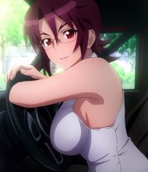 Rule 34 | 1girl, breasts, car, female focus, glasses, highres, huge breasts, large breasts, motor vehicle, red eyes, screencap, short hair, sideboob, sitting, smile, solo, stitched, third-party edit, triage x, tsurugi miki