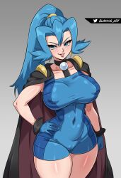 1girl arm_at_side artist_name black_cape blannis blue_bodysuit blue_eyes blue_gloves blue_hair bodysuit breasts cape clair_(pokemon) cleft_of_venus collarbone covered_erect_nipples covered_navel cowboy_shot creatures_(company) eyebrows eyelashes female_focus game_freak gloves gradient_background grey_background grin hand_on_own_hip huge_breasts lips long_hair looking_at_viewer nintendo parted_lips pokemon pokemon_hgss ponytail red_cape simple_background smile smirk smug solo teeth thighs two-tone_cape wide_hips