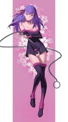 Rule 34 | 1girl, absurdres, bare shoulders, belt collar, boots, breasts, chain, collar, collarbone, commentary, cosplay, dagger, detached sleeves, dress, dress tug, drid, english commentary, fate/stay night, fate (series), floral background, full body, hair between eyes, hair ribbon, highres, holding, holding weapon, knife, large breasts, long hair, long sleeves, looking at viewer, matou sakura, medusa (fate), medusa (rider) (fate), medusa (rider) (fate) (cosplay), pink background, purple eyes, purple hair, red ribbon, ribbon, short dress, simple background, solo, strapless, strapless dress, thigh boots, thighhighs, weapon, zettai ryouiki