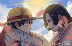 Rule 34 | 1boy, 1girl, artist name, bandaged arm, bandages, bcy, black eyes, black hair, blue eyes, boa hancock, chinese text, cloud, earrings, from side, hat, highres, jewelry, li-bai, long hair, looking at another, monkey d. luffy, one piece, open mouth, outdoors, scar, short hair, sky, smile, snake earrings, straw hat