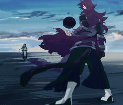 Rule 34 | 2boys, artist name, battle, black footwear, black hair, cloud, cloudy sky, faceless, faceless male, fengxi (the legend of luoxiaohei), film grain, highres, long hair, male focus, multiple boys, onitobico, orb, outdoors, pointy ears, purple hair, sketch, sky, standing, tail, luo xiaohei zhanji, torn, torn clothes, very long hair, walking
